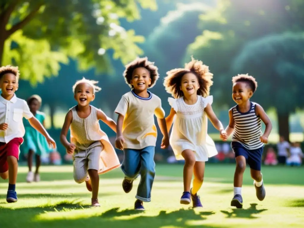 Niños felices juegan en el parque, vistiendo ropa genderneutral