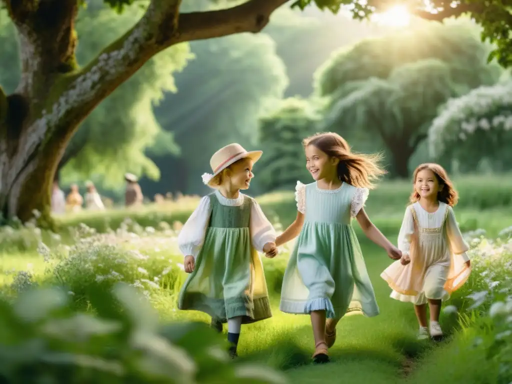 Niños juegan en un prado verde con moda infantil revolución comodidad siglo XIX, disfrutando de la libertad en sus nuevos atuendos