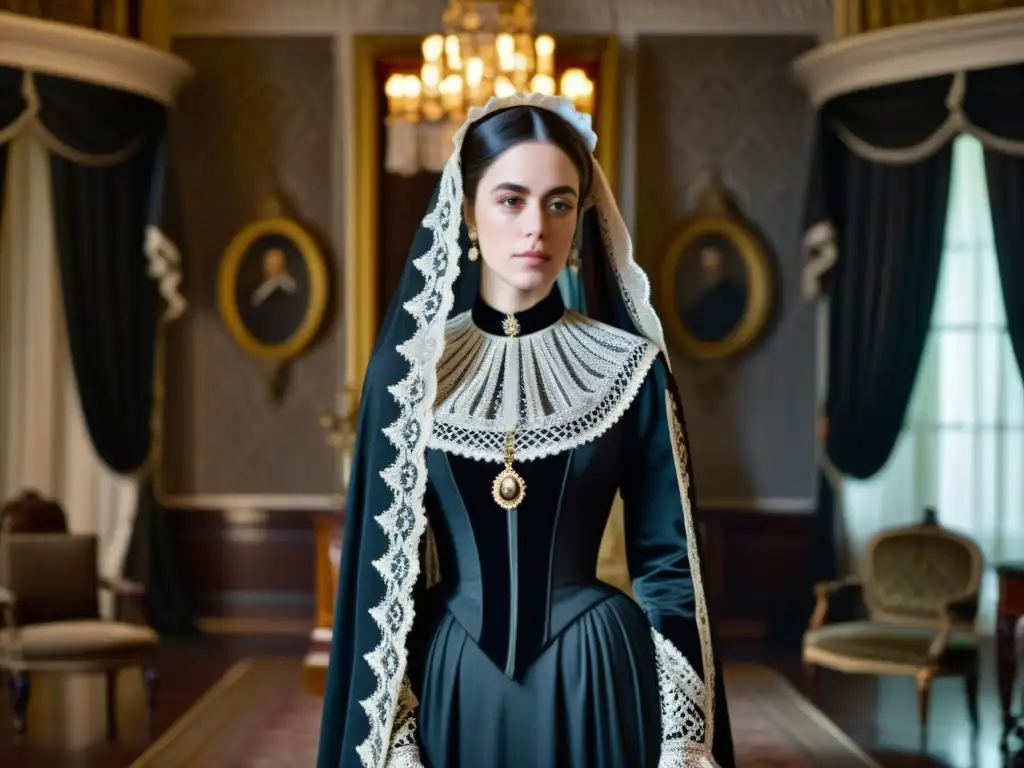 Una noble mujer en luto, vestida de negro en un salón opulento del siglo XIX