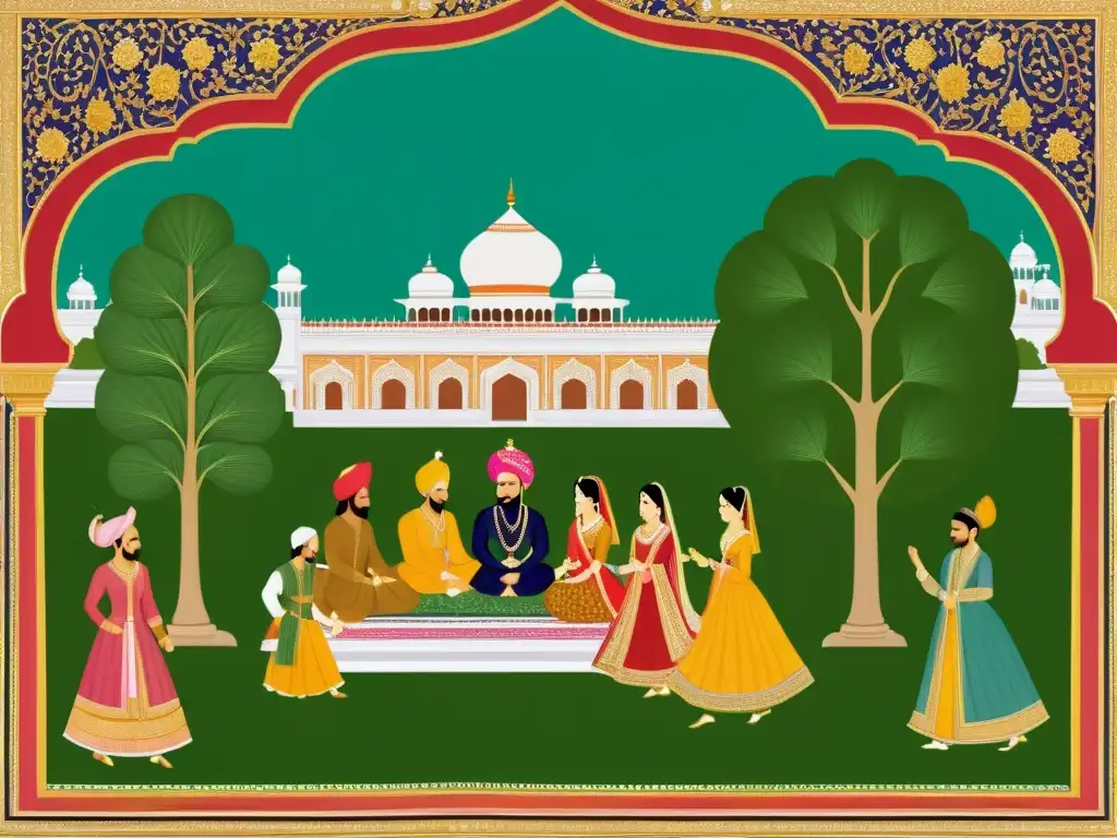 Nobles y realeza en exquisita moda de la Dinastía Mughal India, rodeados de lujosa arquitectura y jardines exuberantes