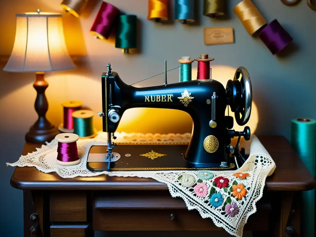 Una nostálgica escena de alta costura con una máquina de coser vintage rodeada de retales de tela colorida y muestras de bordado