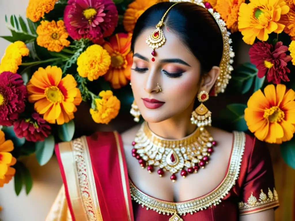 Una novia india moderna con un lehenga rojo tradicional y joyas, rodeada de decoraciones de flores de caléndula