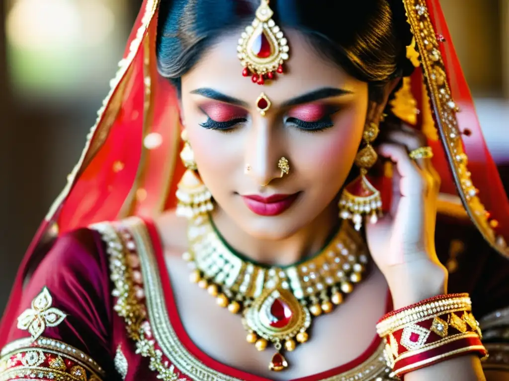 Una novia india viste un traje nupcial rojo y dorado con joyas y diseños de henna, creando una escena deslumbrante de moda nupcial india