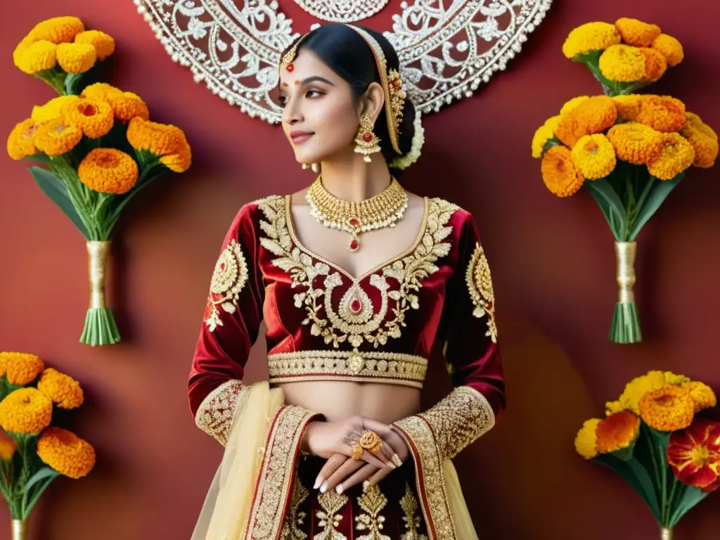 Una novia india viste un traje rojo y dorado con bordados detallados y joyas, rodeada de flores de caléndula y diseños de henna