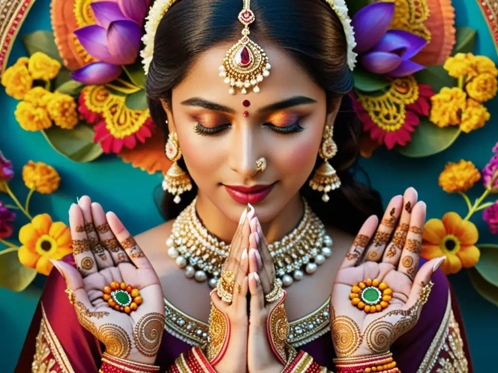 Una novia india con un vestido de bodas tradicional, joyas ornamentadas y coloridos bordados, rodeada de rituales y mandalas, en una escena que evoca la historia y la moda nupcial india