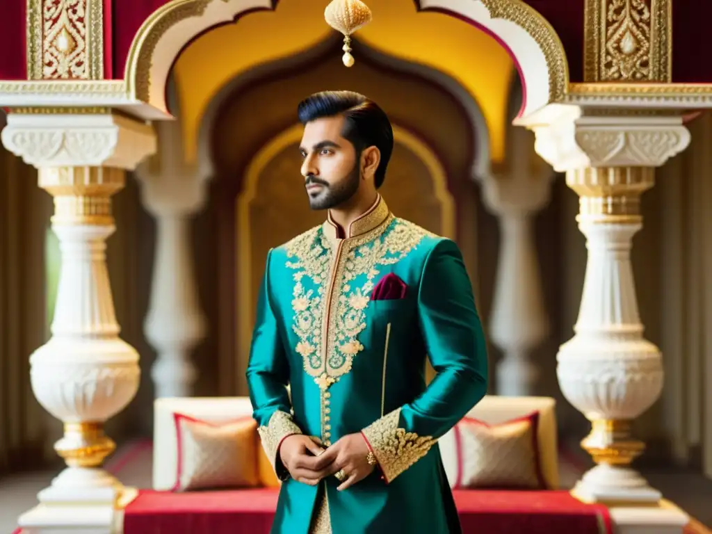 Sherwani Indio: Elegancia Masculina en 8K Un novio viste un sherwani ricamente bordado y decorado con joyería tradicional india, destacando la elegancia masculina de la India