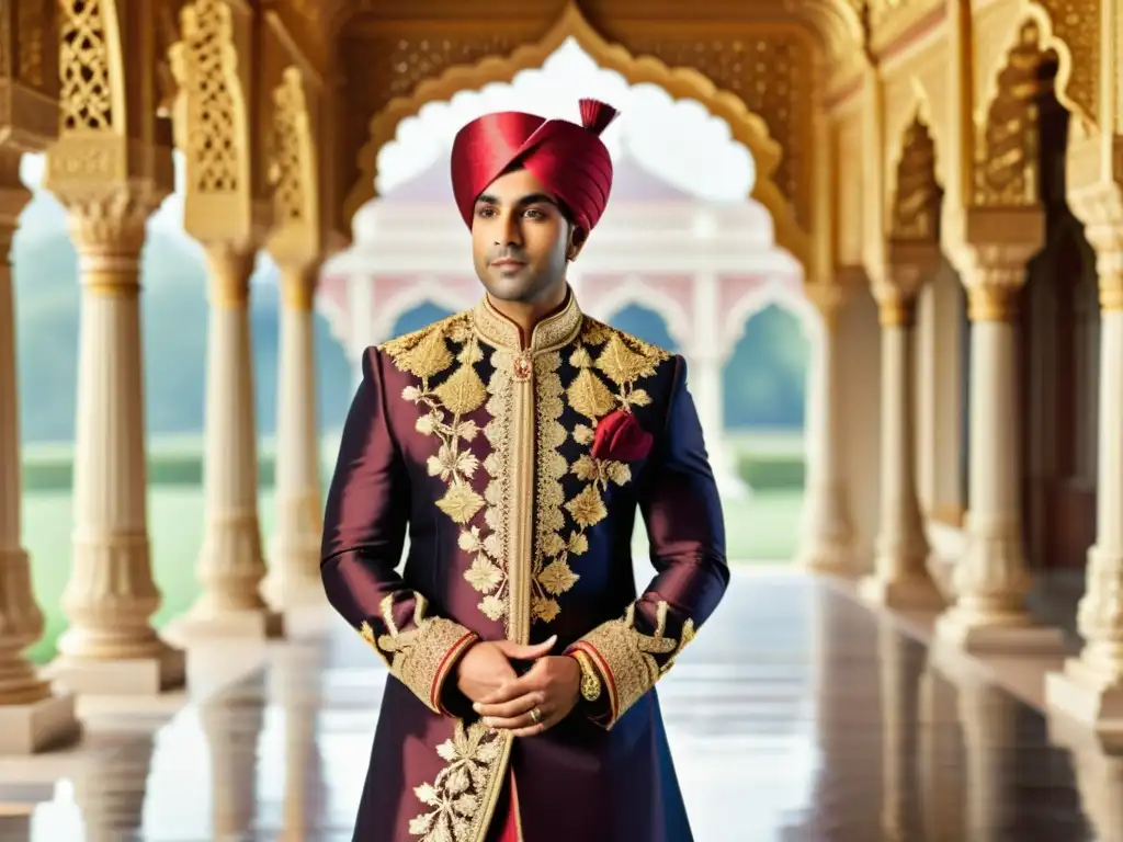 Novio indio con sherwani bordado en tonos ricos Un novio indio viste un sherwani tradicional ricamente bordado en tonos de oro, granate y azul marino, con patrones intrincados y detalles decorativos