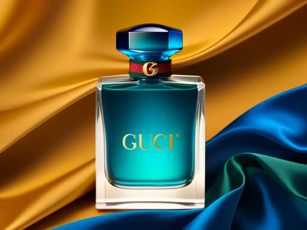 El nuevo perfume Gucci brilla en su lujosa botella de cristal, reflejando la luz en un elegante telón de fondo de seda en tonos de esmeralda y zafiro