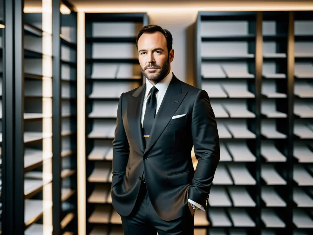 Tom Ford, genio detrás Gucci, exuda sofisticación en su oficina moderna, rodeado de bocetos y telas organizadas