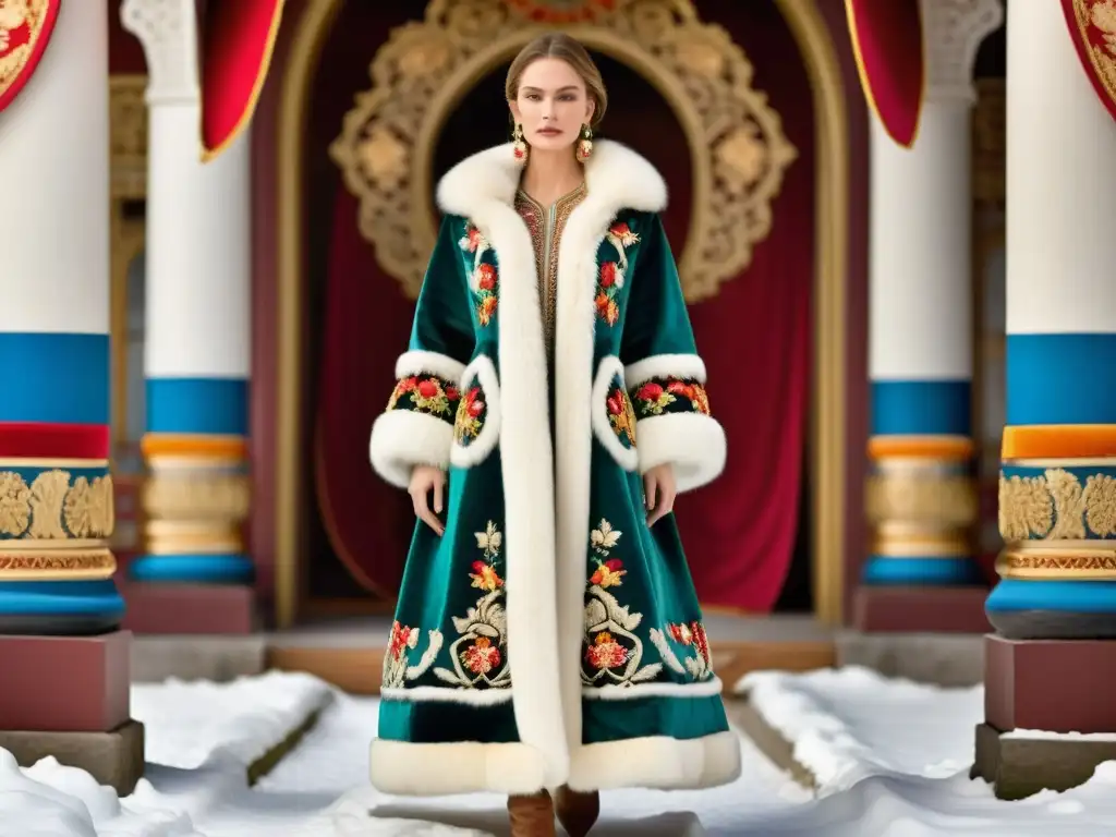 Exhibición de la opulenta moda de invierno en Rusia: Abrigo ruso de lujo con bordados y piel, en el contexto de la arquitectura rusa histórica