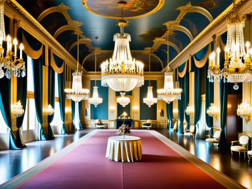 Salón de baile francés del siglo XVIII: opulencia decadente Una opulenta sala de baile del siglo XVIII, con aristócratas vestidos de seda y joyas, refleja el impacto cultural de la Moda Revolución Francesa