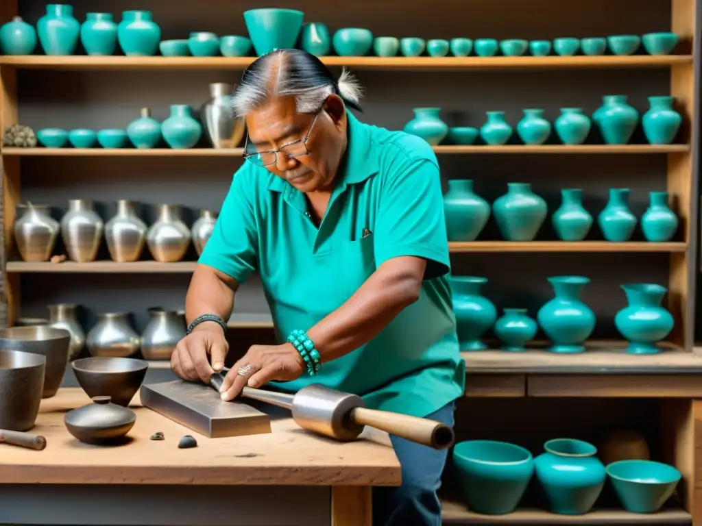 Artesano Navajo en su taller de plata y turquesa Un orfebre navajo crea una pulsera de plata y turquesa en su taller, conectando con la joyería ancestral de tribus nativas americanas