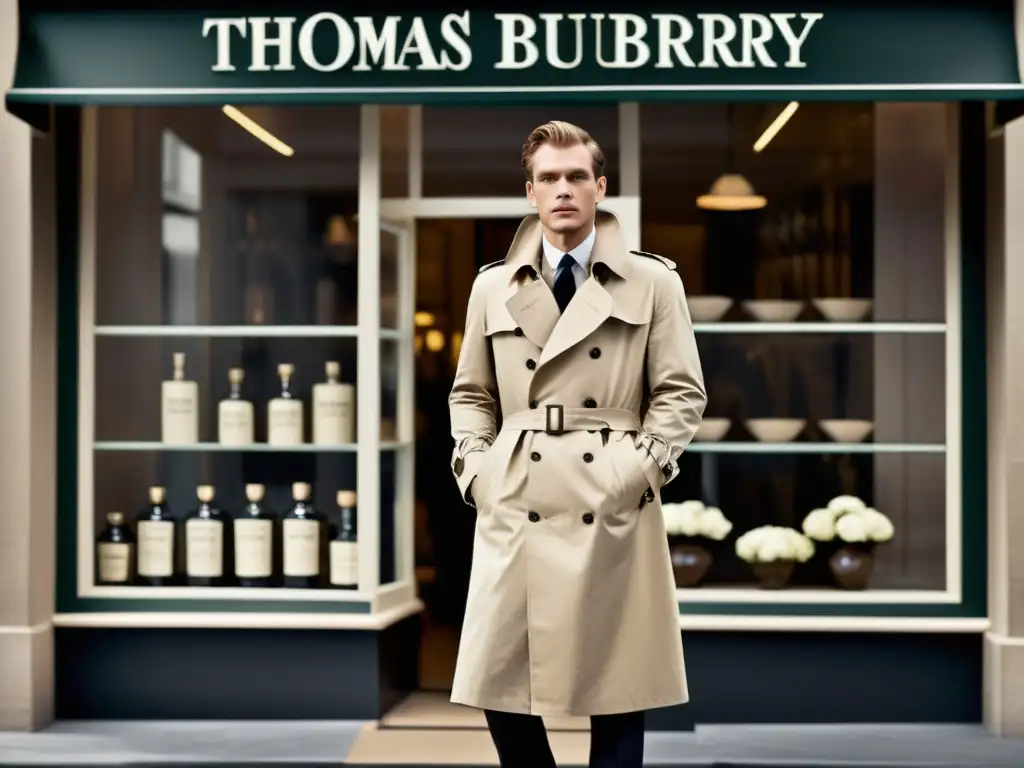 Thomas Burberry posa orgulloso junto a su icónico diseño de gabardina frente a su tienda original, evocando el impacto cultural de Burberry en moda