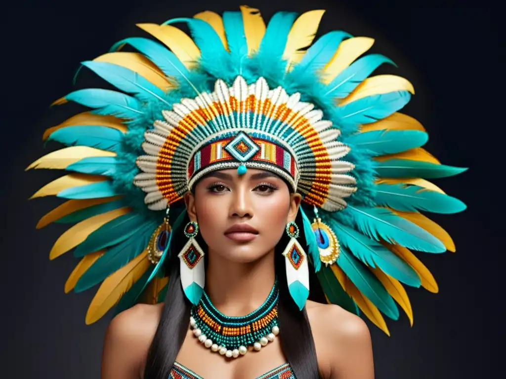 Ornamento de plumas en moda: Exquisita diadema Azteca con plumas iridiscentes y bordados detallados en un entorno culturalmente lujoso