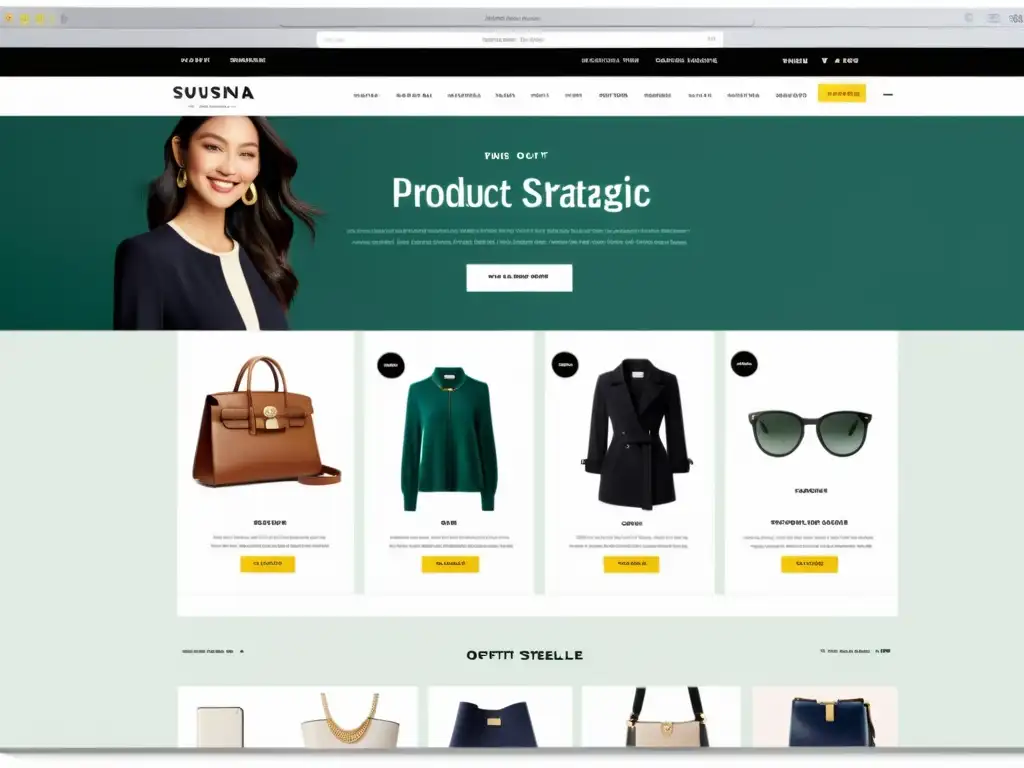 Una página de producto de moda con estrategias de upselling y crossselling en acción, mostrando un conjunto elegante y accesorios recomendados