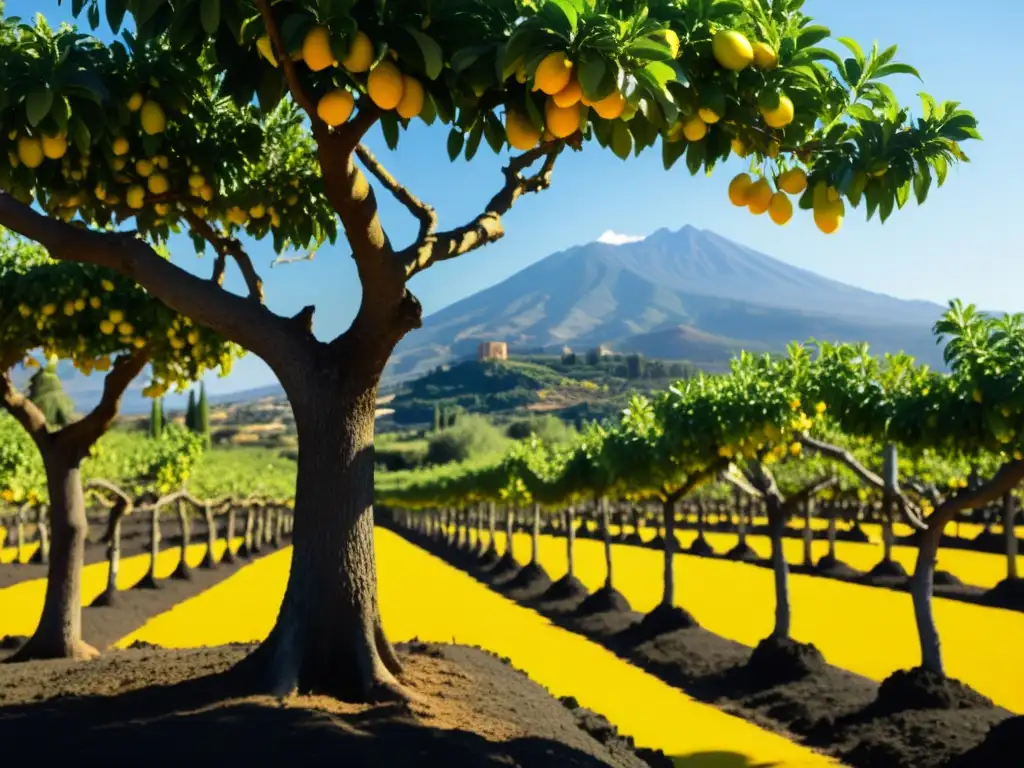 Un paisaje soleado de un próspero limonar siciliano con árboles frutales amarillos