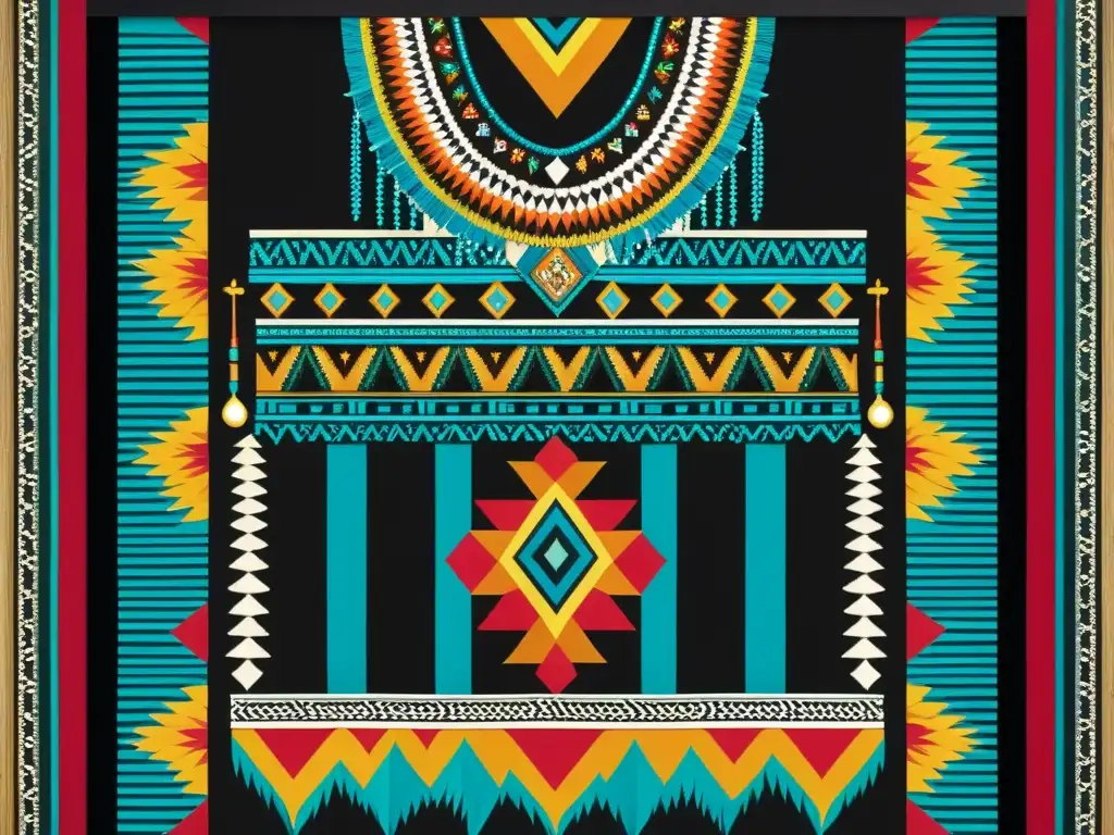 Panel textil de moda nobleza azteca legado, con vibrantes colores, intrincados patrones, bordados detallados y abalorios