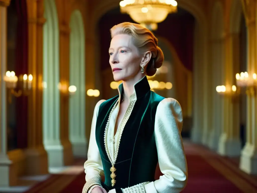 Tilda Swinton en su papel como Orlando, con una estética andrógina en cine y televisión, en un opulento salón histórico