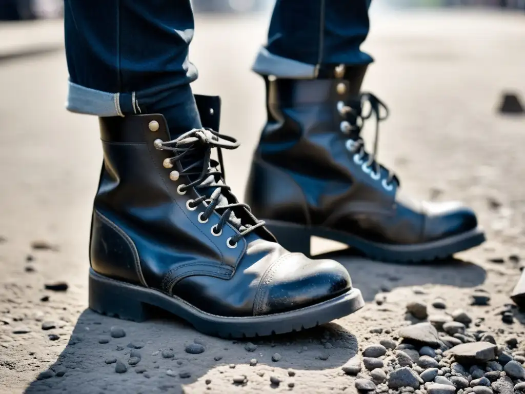 Un par de botas de combate desgastadas descansan en una calle empedrada con rastros de humo