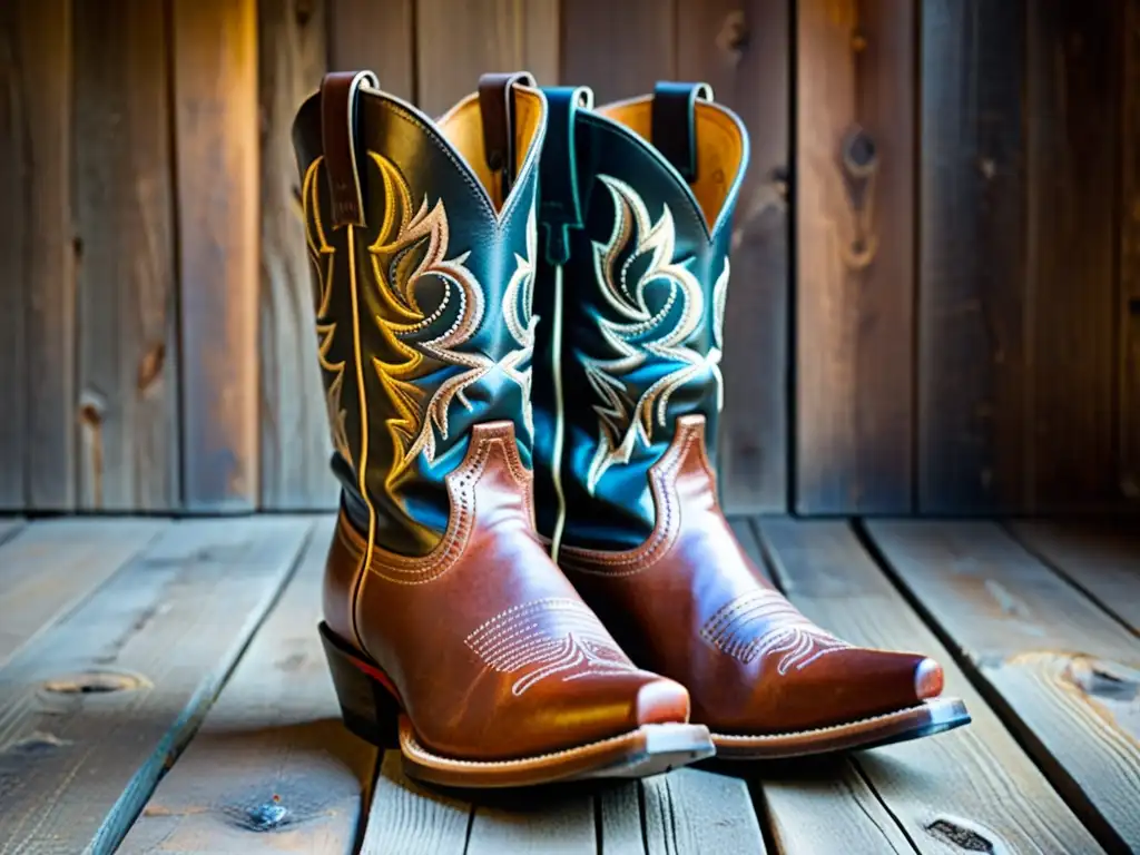 Botas de vaquero desgastadas: herencia y artesanía Un par de botas de vaquero desgastadas, con detalles de costura e historia, en un escenario rústico evocando la tradición del calzado masculino