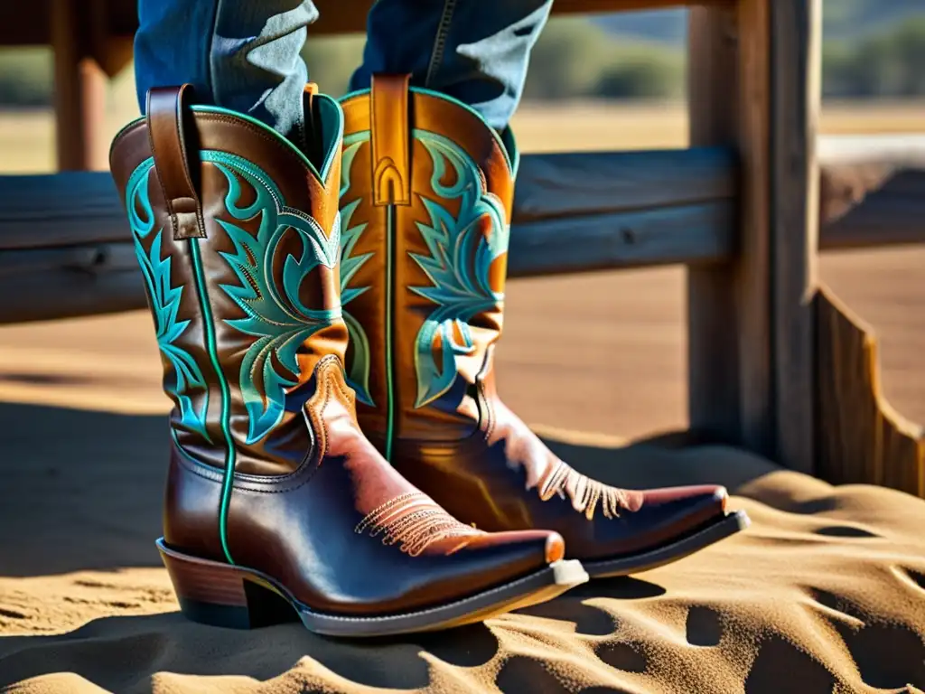 Par de botas de vaquero desgastadas, con detalle en el cuero y un ambiente nostálgico en un rancho polvoriento