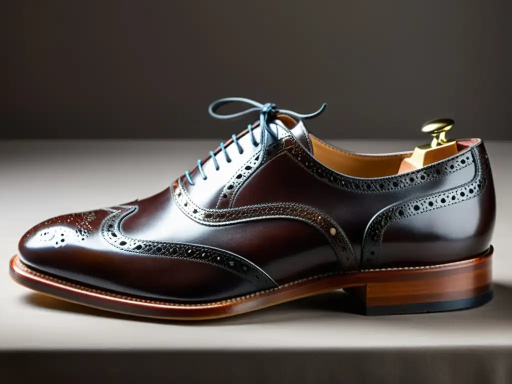 Brogues de Cuero: Artesanía y Elegancia en Detalle Un par de brogues de cuero meticulosamente elaborados, con un elegante acabado marrón y un patrón desgastado que cuenta su historia