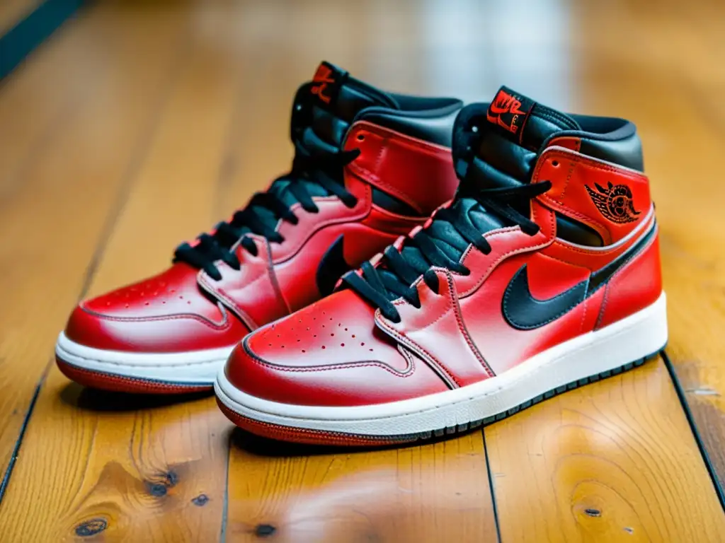 Un par de Nike Air Jordan 1 desgastadas reposan en un suelo de madera vintage, revelando su historia y evolución calzado moda impacto cultural