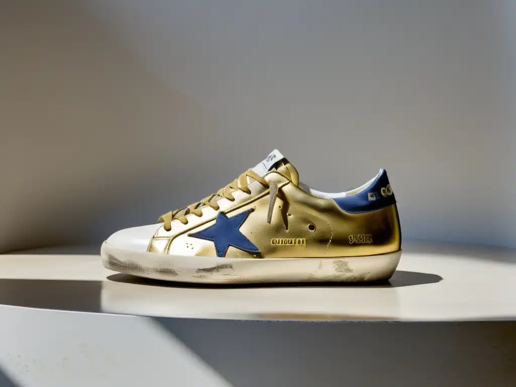 Un par de exclusivas zapatillas Golden Goose en una elegante tienda, bañadas por suave luz natural que resalta los detalles del diseño