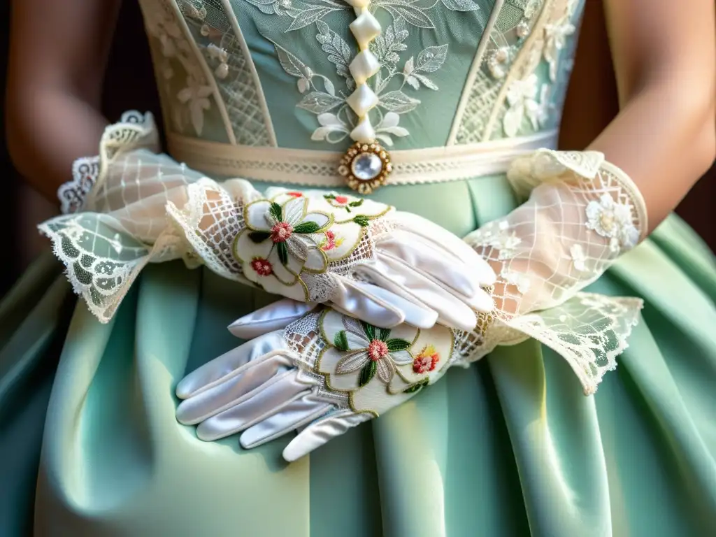 Par de guantes victorianos de encaje y abanico de nácar, reflejando la elegancia y papel de los guantes victorianos en la moda