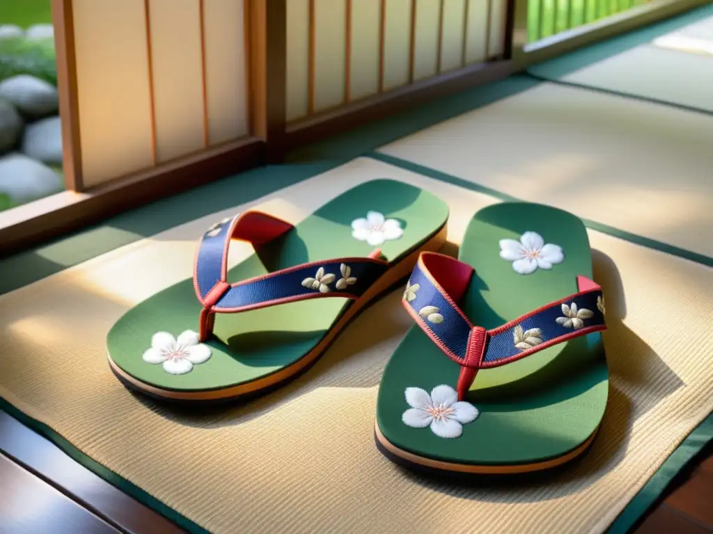 Un par de geta japoneses con bordados detallados de cerezos descansan sobre un tatami en un jardín japonés sereno