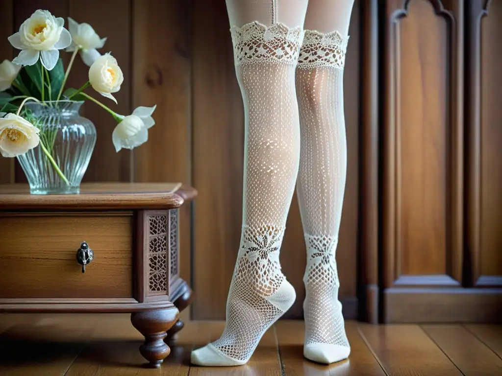 Un par de medias de encaje vintage con detalles florales, resaltando la evolución de medias y calcetines en moda