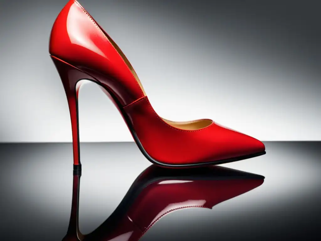 Un par de tacones de aguja icónicos de Christian Louboutin con su distintiva suela roja en una superficie reflectante