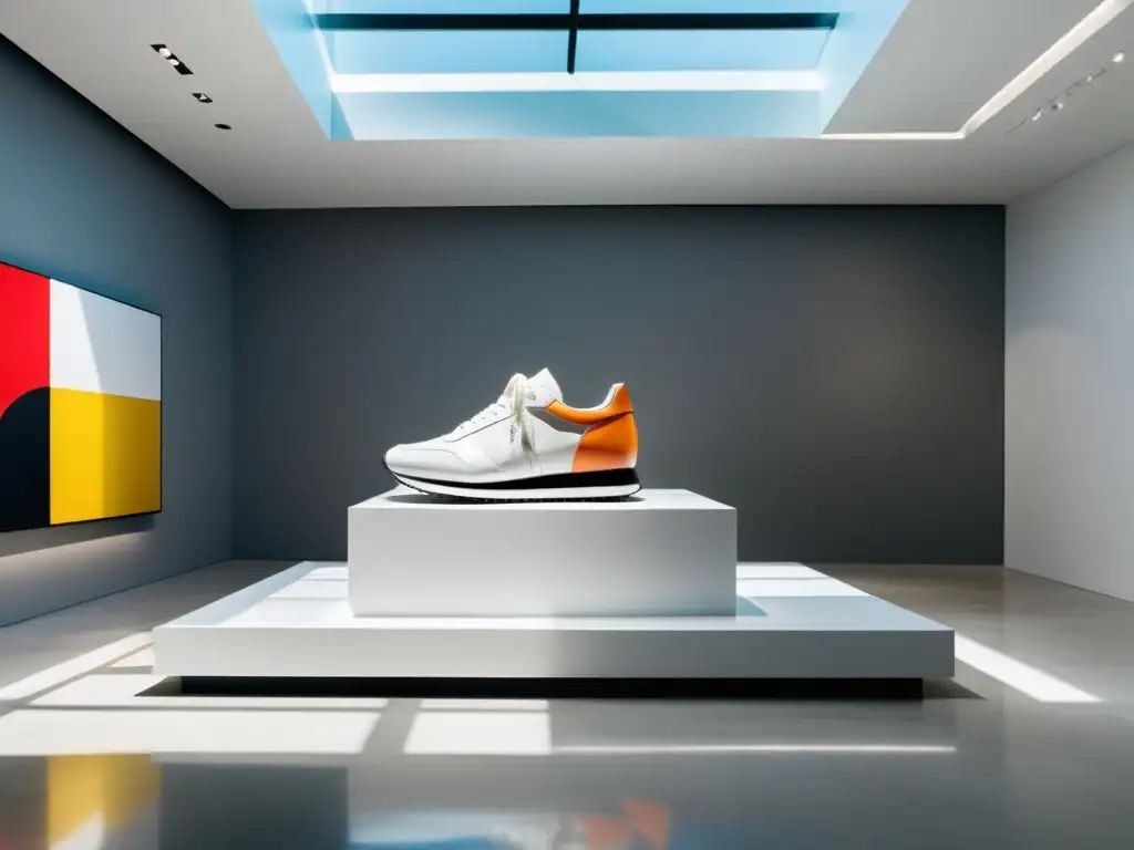 Un par de zapatillas de diseñador de alta gama, símbolo de estatus, exhibidas en una galería minimalista con diseño vanguardista y colores llamativos