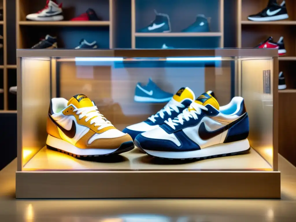 Sneakers de edición limitada en vitrina: artesanía y nostalgia Un par de zapatillas de edición limitada expuestas en una vitrina de cristal, rodeadas de cajas de zapatillas vintage y memorabilia