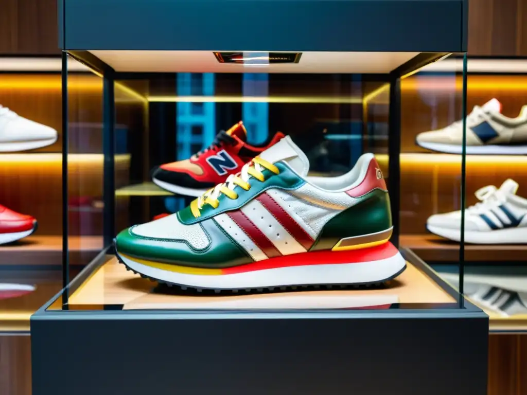 Sneakers de edición limitada en boutique exclusiva Par de zapatillas de edición limitada exhibidas en boutique de lujo