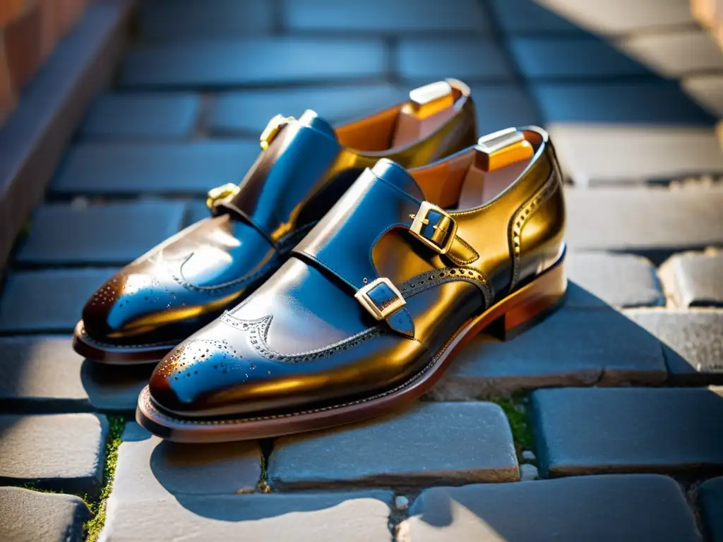 Un par de zapatos de hebilla vs Oxfords, exquisitamente detallados, en calles de adoquines, bañados por cálida luz dorada