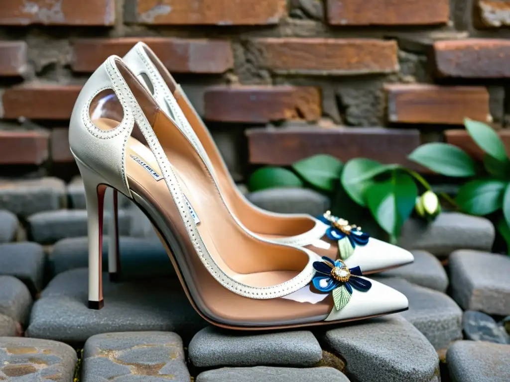 Par de zapatos Manolo Blahnik innovación tradición, transparentes con adornos florales, sobre suelo empedrado, con luz solar filtrándose