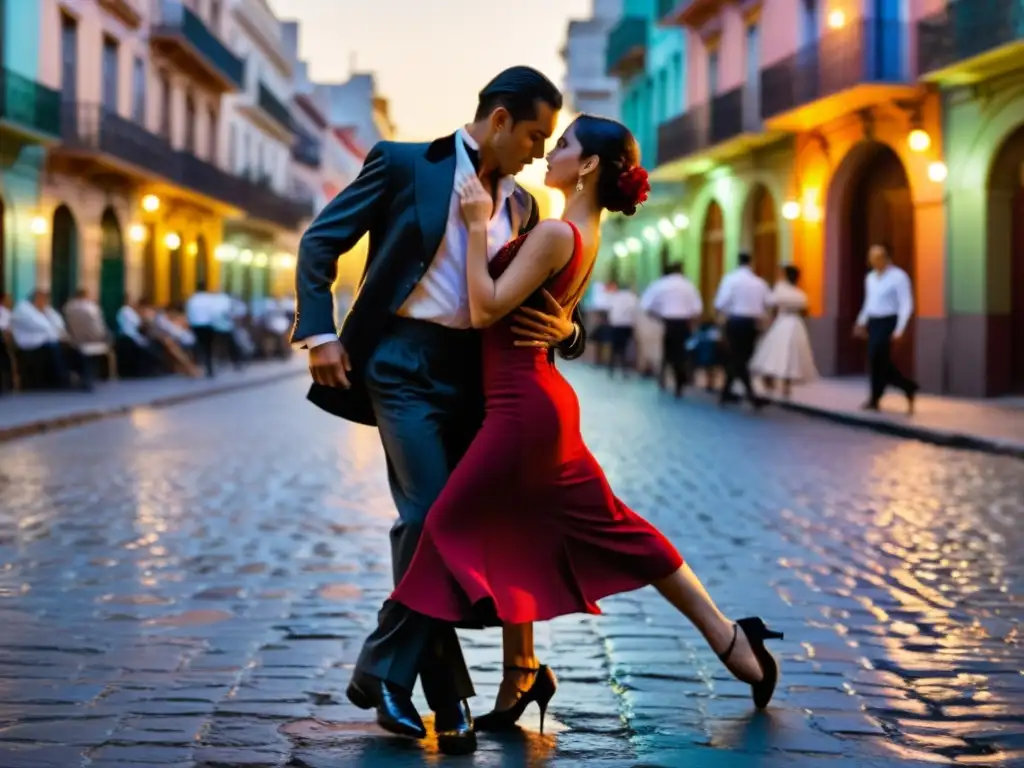 Una pareja de bailarines de tango en trajes tradicionales argentinos, iluminados por las luces de la calle en Buenos Aires