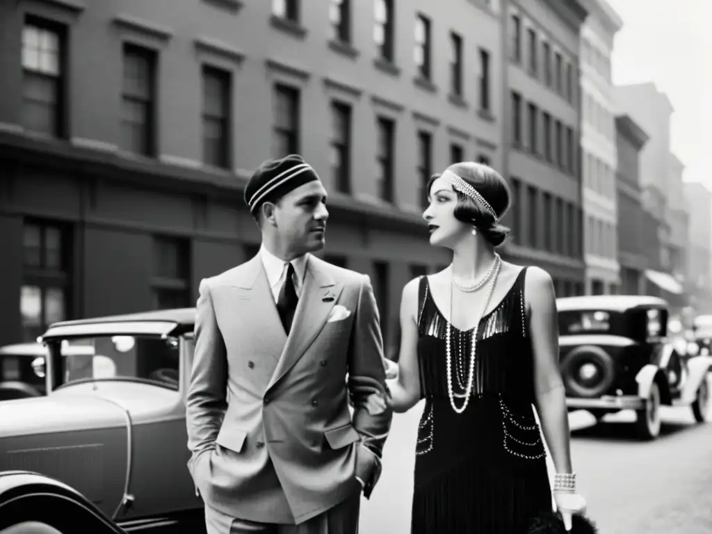 Una pareja elegante en la era del jazz, con vestimenta de época, rodeada de edificios y autos vintage