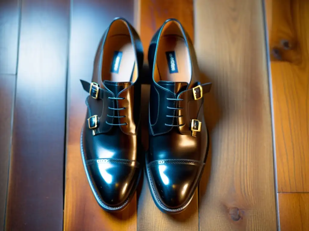 Dos pares de zapatos de hebilla y Oxfords en un suelo de madera pulida, destacando detalles y texturas bajo la luz natural