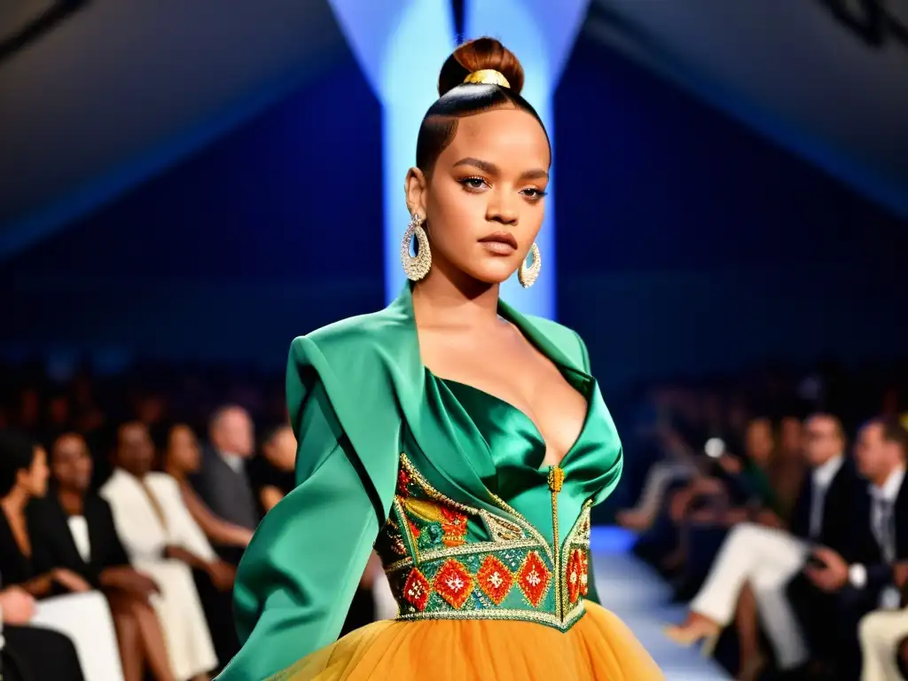 Rihanna deslumbra en la pasarela con un atuendo vanguardista, exudando elegancia y confianza