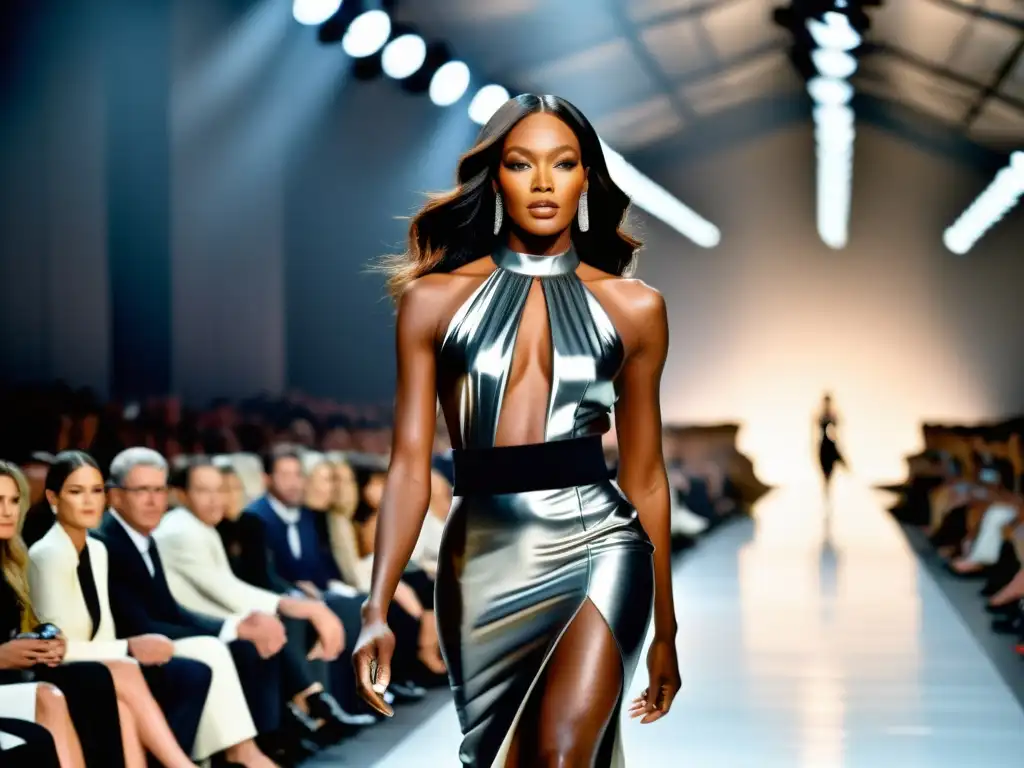 Naomi Campbell deslumbra en la pasarela con un diseño vanguardista, su mirada segura captura la esencia de la moda icónica