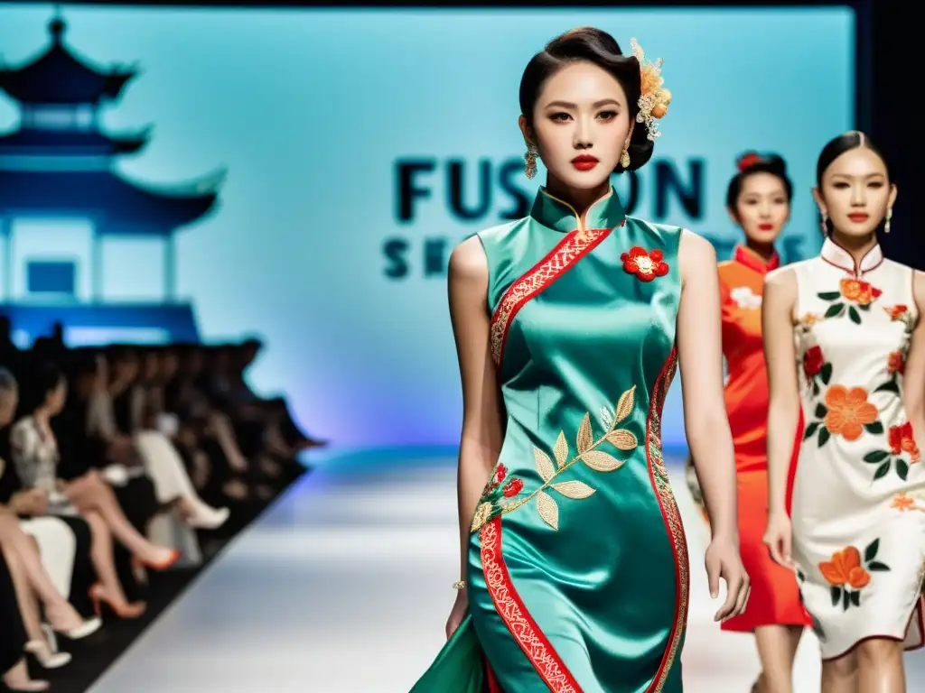 Una pasarela de moda Cheongsam moderno, con modelos seguros y elegantes luciendo diseños vibrantes