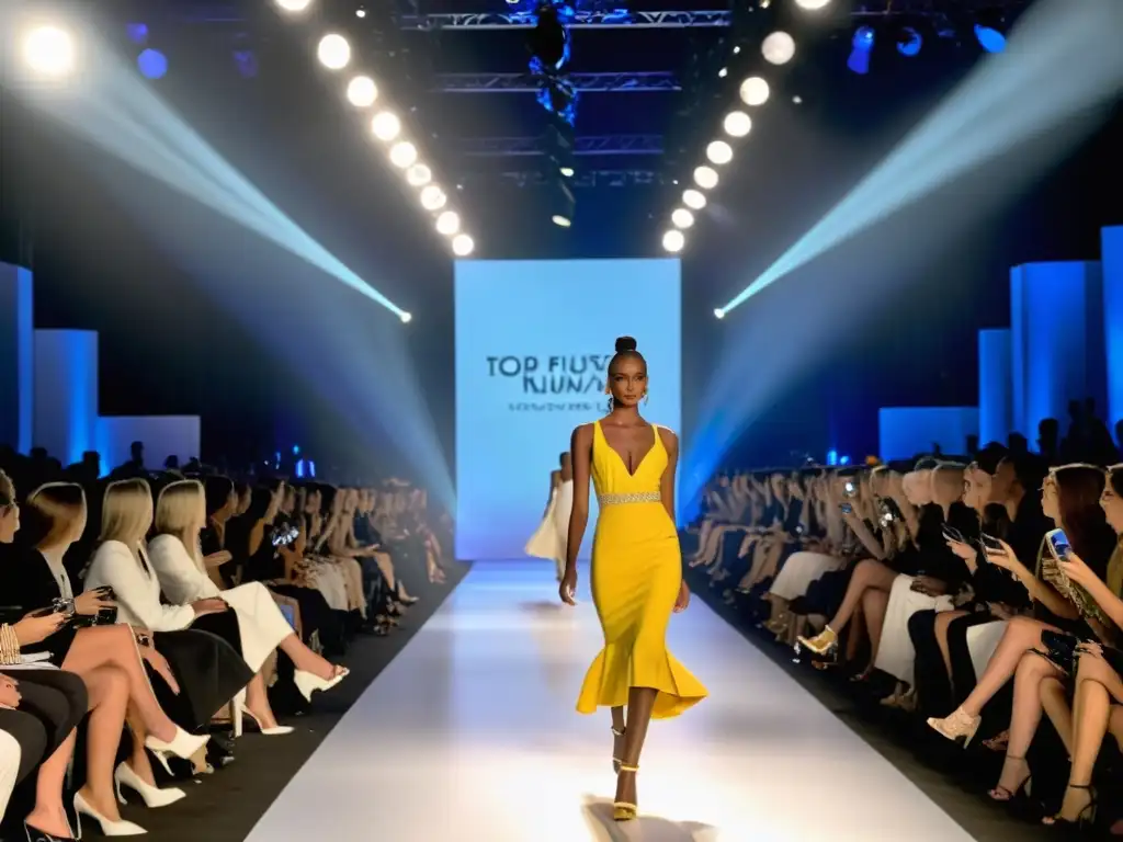 Una pasarela de moda llena de vida y emoción, con modelos exhibiendo diseños de marcas top