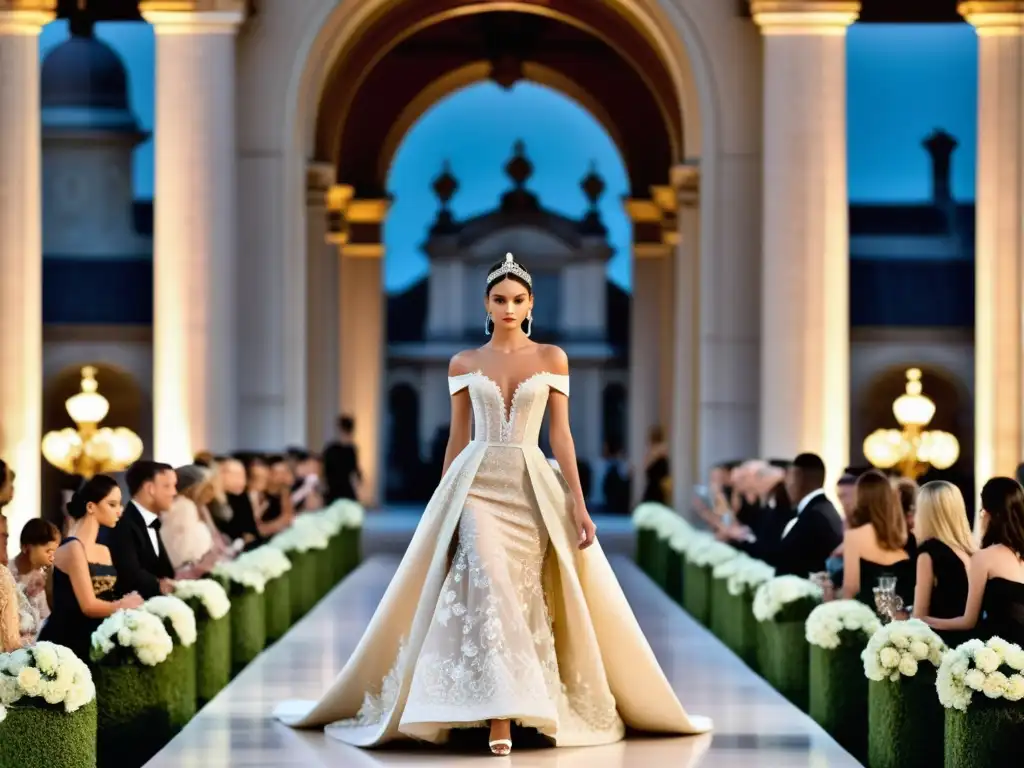 Una pasarela de moda de lujo, influenciada por la Belle Époque, con modelos y un público elegante en un escenario histórico