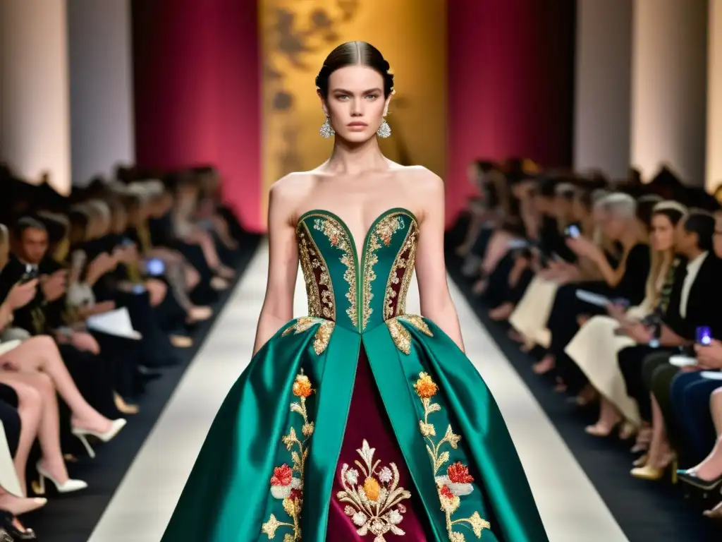 Una pasarela de moda de lujo inspirada en pintura flamenca con un vestido deslumbrante y público admirando