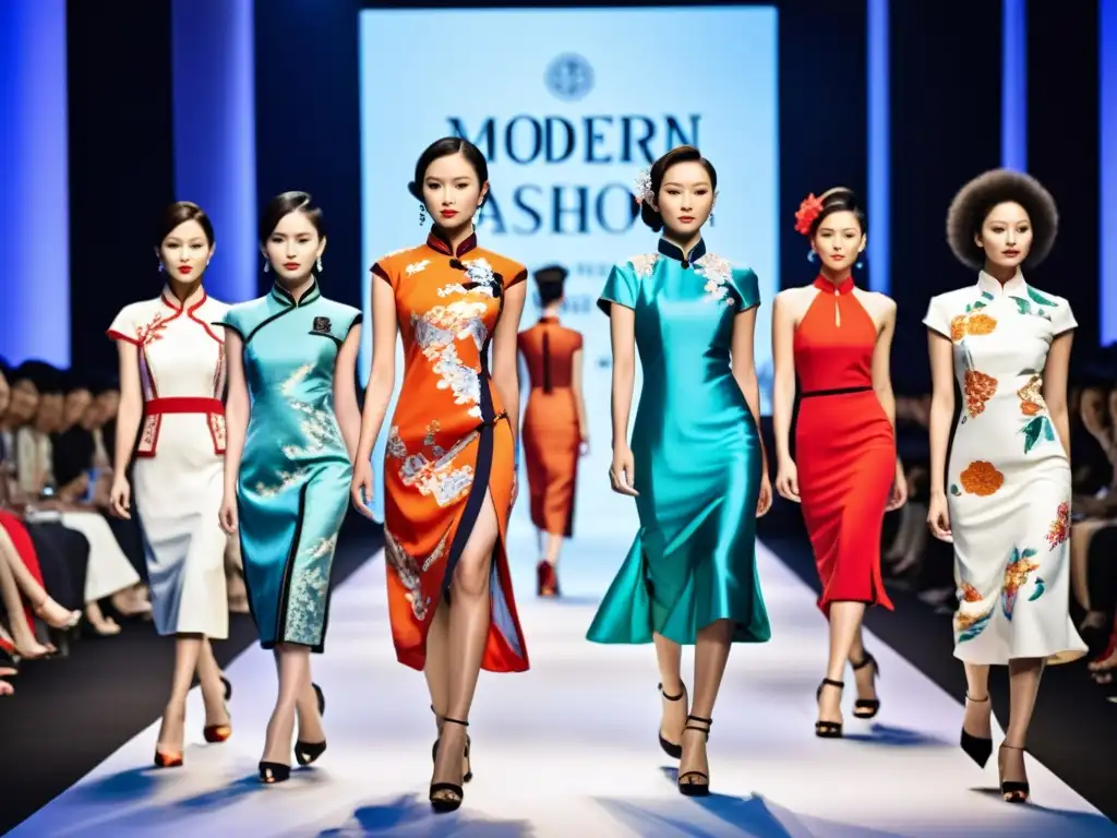 Una pasarela de moda moderna con modelos luciendo impresionantes diseños de Cheongsam