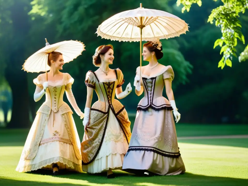 Un paseo por el parque de la historia, con elegantes damas victorianas y sus hermosos paraguas, mostrando el impacto cultural de la moda