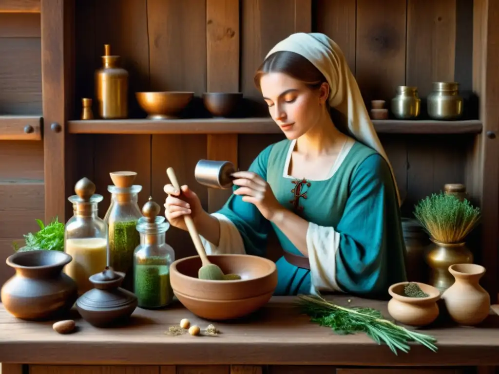 En la penumbra de una cámara medieval, una mujer busca la belleza, moliendo ingredientes naturales para cosméticos