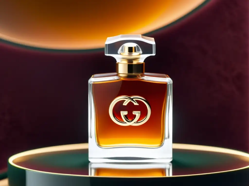 Un perfume Gucci vintage en botella de vidrio, iluminado con un cálido resplandor dorado